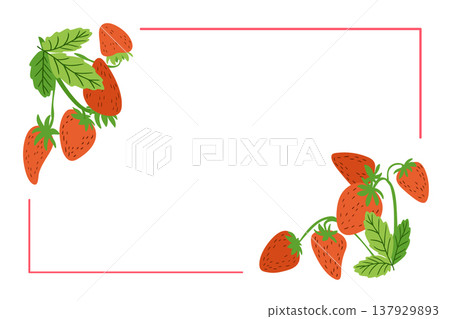 Colorful illustration featuring strawberries and green leaves positioned in corners of a blank white frame, ideal for food-themed graphics or invitations Colorful illustration featuring strawberries and green leaves positioned in corners of a blank white frame, ideal for food-themed graphics or invitations 137929893