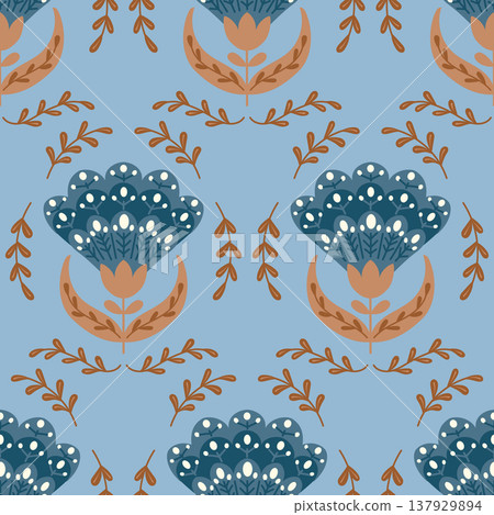 Floral pattern illustration featuring blue and orange flowers with leaves on a light blue background, suitable for textile design and home decor applications Floral pattern illustration featuring blue and orange flowers with leaves on a light blue background, suitable for textile design and home decor applications 137929894