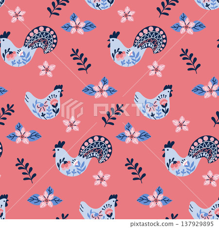 Colorful floral pattern featuring stylized birds and flowers on a coral background, ideal for fabric design, wallpaper, or decorative elements in various projects Colorful floral pattern featuring stylized birds and flowers on a coral background, ideal for fabric design, wallpaper, or decorative elements in various projects 137929895