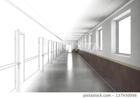 long corridor, interior visualization, 3D illustration long corridor, interior visualization, 3D illustration 137930098