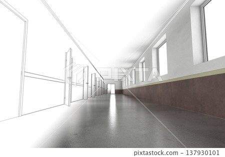 long corridor, interior visualization, 3D illustration long corridor, interior visualization, 3D illustration 137930101