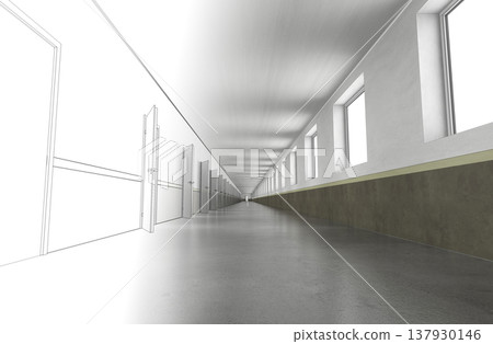 long corridor, interior visualization, 3D illustration long corridor, interior visualization, 3D illustration 137930146