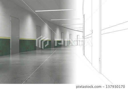 long corridor, interior visualization, 3D illustration long corridor, interior visualization, 3D illustration 137930170
