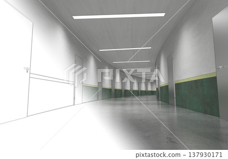 long corridor, interior visualization, 3D illustration long corridor, interior visualization, 3D illustration 137930171