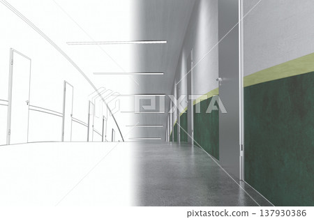 long corridor, interior visualization, 3D illustration long corridor, interior visualization, 3D illustration 137930386