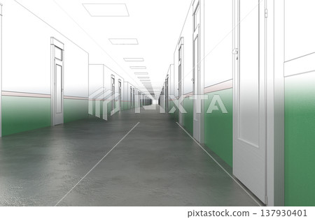 long corridor, interior visualization, 3D illustration long corridor, interior visualization, 3D illustration 137930401