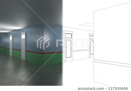 long corridor, interior visualization, 3D illustration long corridor, interior visualization, 3D illustration 137930406