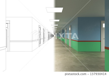 long corridor, interior visualization, 3D illustration 137930414