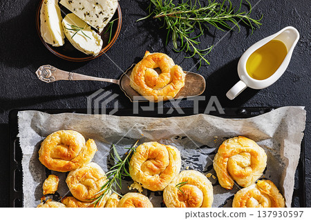 Greek cheese sarikopita spiral pies, top view Greek cheese sarikopita spiral pies, top view 137930597