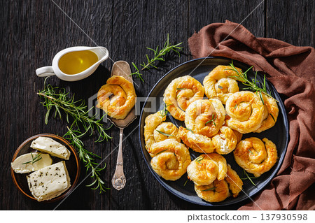 Greek cheese sarikopita spiral pies, top view Greek cheese sarikopita spiral pies, top view 137930598