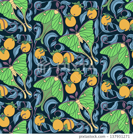 Art Nouveau seamless pattern with Luna moths and ripe persimmons. Symmetrical organic design with elegant curves Art Nouveau seamless pattern with Luna moths and ripe persimmons. Symmetrical organic design with elegant curves 137931271