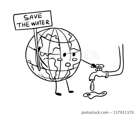 Cartoon illustration of Earth holding a sign that reads Save the Water while standing next to a dripping faucet, emphasizing the importance of water conservation Cartoon illustration of Earth holding a sign that reads Save the Water while standing next to a dripping faucet, emphasizing the importance of water conservation 137931378