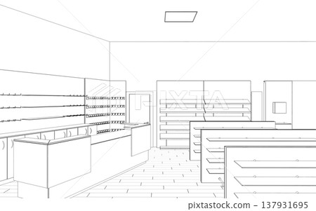 shopping mall, contour visualization, 3D illustration, sketch, outline 137931695