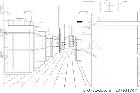 shopping mall, contour visualization, 3D illustration, sketch, outline shopping mall, contour visualization, 3D illustration, sketch, outline 137931707