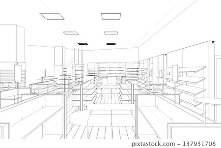 shopping mall, contour visualization, 3D illustration, sketch, outline 137931708