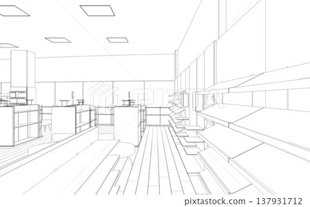 shopping mall, contour visualization, 3D illustration, sketch, outline 137931712