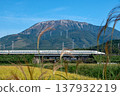 The Tokaido Shinkansen N700S runs through the foothills of Mt. Ibuki, where Japanese pampas grass blooms under clear skies. 137932219