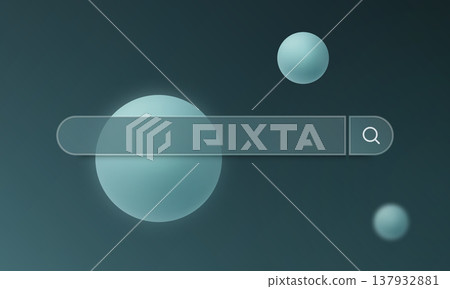 Glass morphism search bar with magnifier icon and gradient spheres on dark teal background 137932881