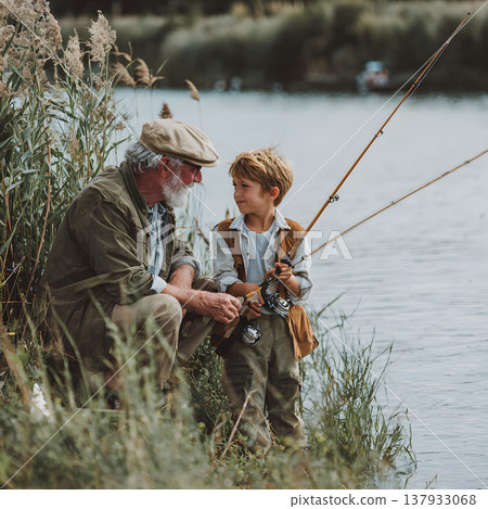 一幅描繪祖孫在平靜的湖邊釣魚的家庭場景的插圖。 一幅描繪祖孫在平靜的湖邊釣魚的家庭場景的插圖。 137933068