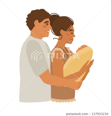Happy parents with a newborn baby. The mother holds the baby in her arms and smiles. Vector illustration. Waist-high view. Happy parents with a newborn baby. The mother holds the baby in her arms and smiles. Vector illustration. Waist-high view. 137933230