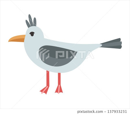 Seagull is cute, standing in profile. Minimalistic bird suitable for coastal themes, children's projects, educational materials and playful design. Vector illustration. 137933231