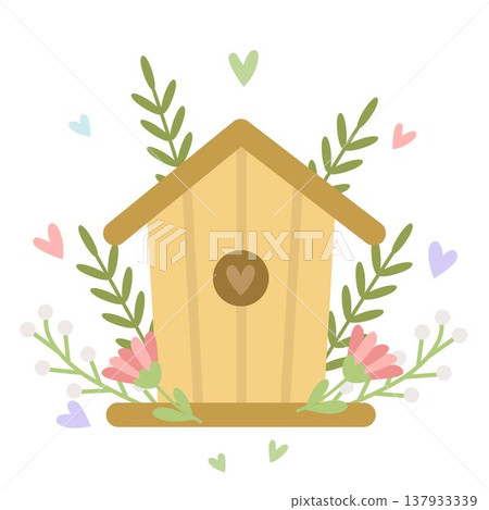 Easter birdhouse. Decorated with twigs, flowers and hearts. Vector spring illustration. Easter birdhouse. Decorated with twigs, flowers and hearts. Vector spring illustration. 137933339