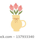 Pink tulips in a yellow jug. Vector illustration. 137933340