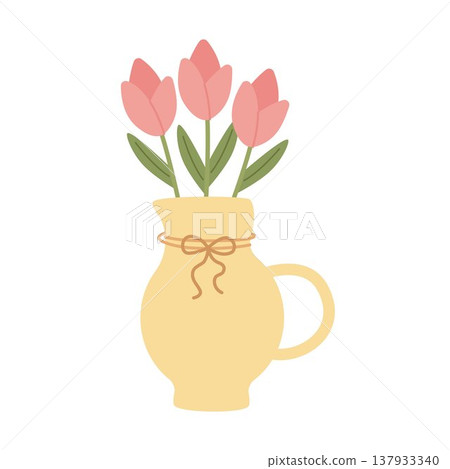 Pink tulips in a yellow jug. Vector illustration. Pink tulips in a yellow jug. Vector illustration. 137933340