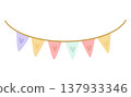 A pastel-colored garland of triangular flags with hearts for the holiday. Vector illustration. 137933346