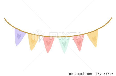 A pastel-colored garland of triangular flags with hearts for the holiday. Vector illustration. 137933346