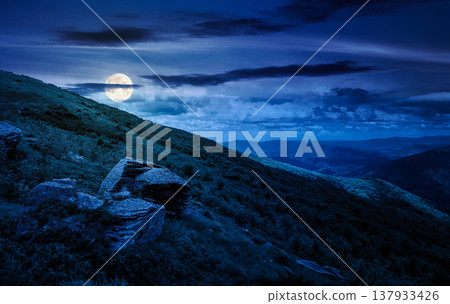 beautiful summer landscape in mountains at night. full moon over grassy hill with huge stones under the dark sky. mysterious nature background. picture of hillside meadow near the mountain peak 137933426