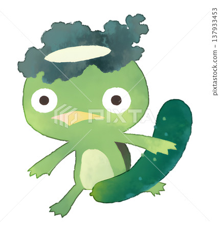 Illustration of a kappa (watercolor-style water creature) holding a cucumber (transparent PNG) 137933453