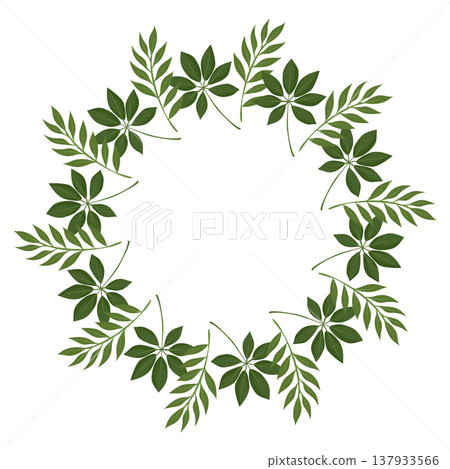 Elegant Schefflera and palm fronds mixed leaf wreath for sophisticated botanical designs Elegant Schefflera and palm fronds mixed leaf wreath for sophisticated botanical designs 137933566