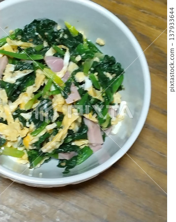 Home-style cooking: Eggs, ham, and vegetable salad. Home-style cooking: Eggs, ham, and vegetable salad. 137933644
