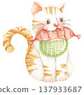 Hand-painted watercolor illustration of a cat in a cooking theme. 137933687