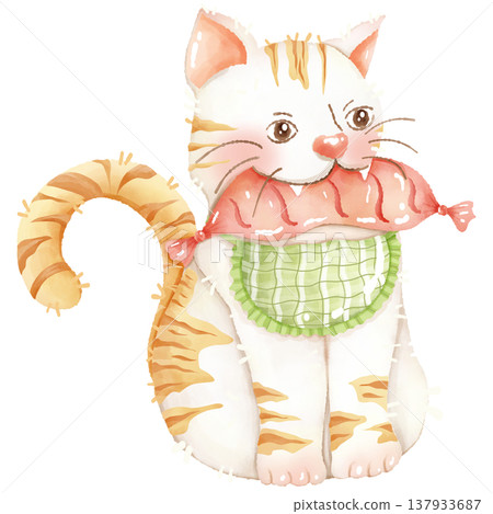 Hand-painted watercolor illustration of a cat in a cooking theme. 137933687