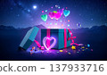 Pink Neon Heart Floating over Blue Gift Pink Neon Heart Floating over Blue Gift 137933716