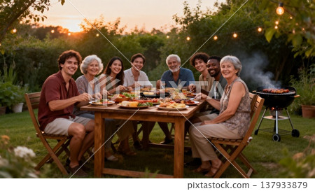 happy friends enjoying barbecue in the garden happy friends enjoying barbecue in the garden 137933879