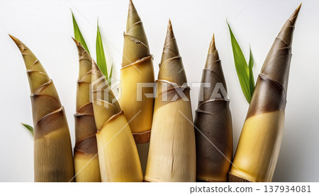 Bamboo shoots against a white background | Spring wild vegetable ingredients lined up Bamboo shoots against a white background | Spring wild vegetable ingredients lined up 137934081