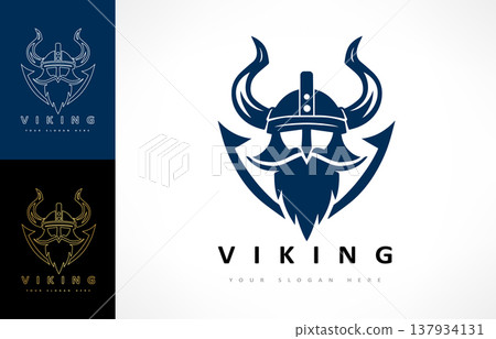 Viking and anchor logo. Scandinavian sailors symbol. Nordic warrior design. Horned Norseman symbol. Barbarian man head icon with horn helmet and beard Viking and anchor logo. Scandinavian sailors symbol. Nordic warrior design. Horned Norseman symbol. Barbarian man head icon with horn helmet and beard 137934131