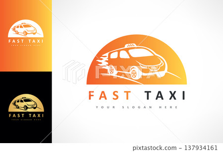 Fast Taxi logo. Machine at high speed with a plume of fire vector. 137934161