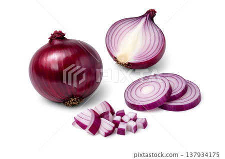 A studio shot of red onions, featuring one whole bulb, a halved section, several sliced rings, and finely diced pieces, all isolated on a pristine white background for culinary display 137934175