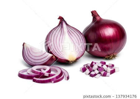 A studio photograph of a red onion showing a whole head, half a bulb, several rings, and finely chopped pieces, all against a pristine white background for a culinary display. 137934176
