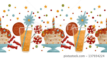Festive seamless border in warm colors. Cupcake, lemonade, candy, lollipops, confetti. Watercolor, pastel. In flat style. Design element for products 137934224