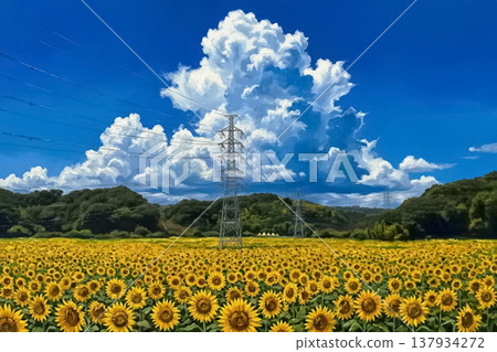 油畫風格的藍天向日葵田圖像 - 人工智慧生成圖像 137934272