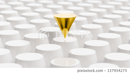 Golden geometric cone floating out among white cylinders, abstract 3D illustration of contrast, uniqueness, individuality, leadership, minimal background, modern design concept 137934273