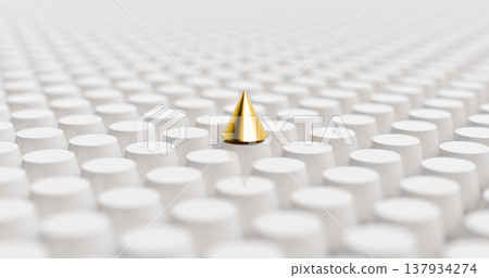 Golden geometric cone standing out among white cylinders, abstract 3D illustration of contrast, uniqueness, individuality, leadership, minimal background, modern design concept 137934274