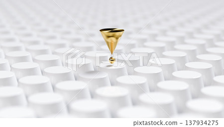 Golden geometric cone standing out among white cylinders, abstract 3D illustration of contrast, uniqueness, individuality, leadership, minimal background, modern design concept Golden geometric cone standing out among white cylinders, abstract 3D illustration of contrast, uniqueness, individuality, leadership, minimal background, modern design concept 137934275