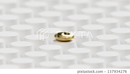 Golden flattened sphere lying among white cylinders, abstract 3D illustration of contrast, uniqueness, minimal design and individuality concept Golden flattened sphere lying among white cylinders, abstract 3D illustration of contrast, uniqueness, minimal design and individuality concept 137934276