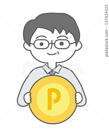 一位老人手裡拿著一枚積分幣。 一位老人手裡拿著一枚積分幣。 137934325